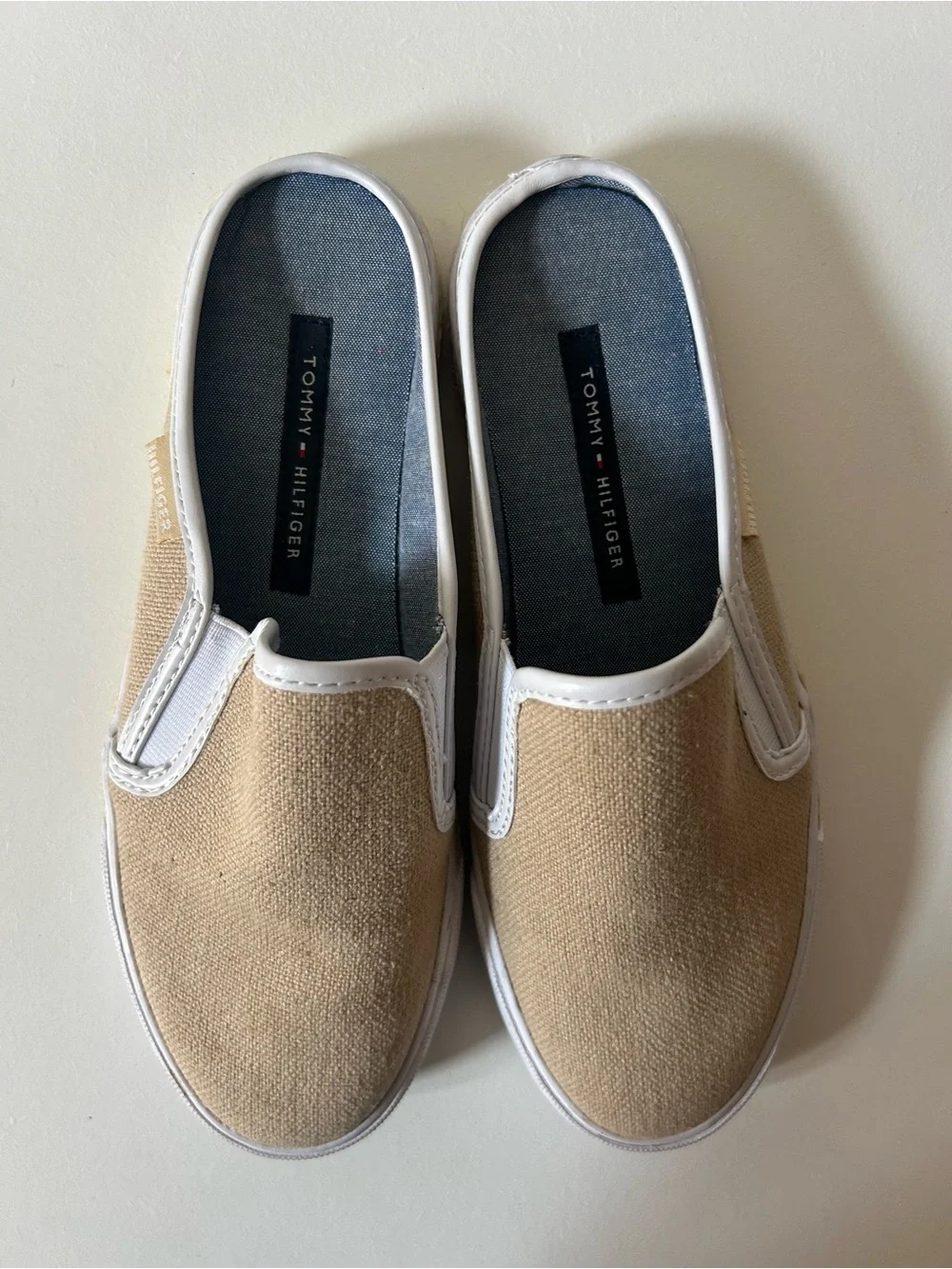 Tommy Hilfiger Tan Canvas Slip-On Mule with White Trim